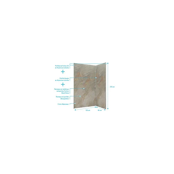Pack de 2 panneaux muraux de salle de bains, marron effet bois avec profilés chromés, l.120+90 x H.210 x P.0,3 cm, Galedo Homestone