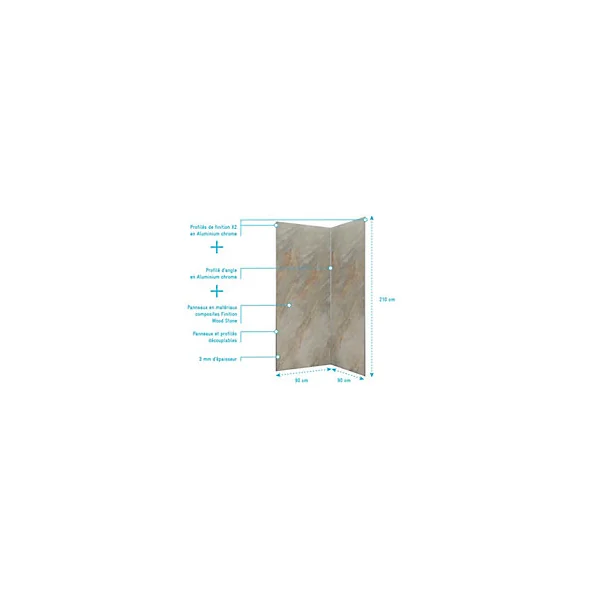 Pack de 2 panneaux muraux de salle de bains, marron effet pierre avec profilés chromés, l.90+90 x H.210 x P.0,3 cm, Galedo Homestone