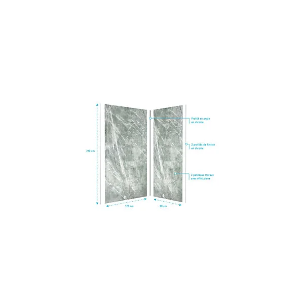 Pack de 2 panneaux muraux de salle de bains, vert effet pierre avec profilés chromés, l.120+90 x H.210 x P.0,3 cm, Galedo Homestone