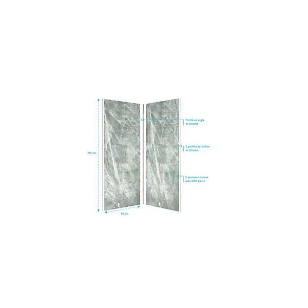 Pack de 2 panneaux muraux de salle de bains, vert effet pierre avec profilés chromés, l.90+90 x H.210 x P.0,3 cm, Galedo Homestone