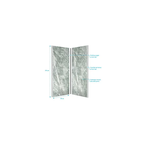 Pack de 2 panneaux muraux de salle de bains, vert effet pierre avec profilés noirs, l.90+90 x H.210 x P.0,3 cm, Galedo Homestone