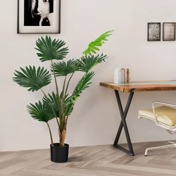 Palmier Artificiel 120cm Plante Artificielle avec 8 Feuilles Pot en Ciment Troncs en PE pour Bureau Maison Magasin