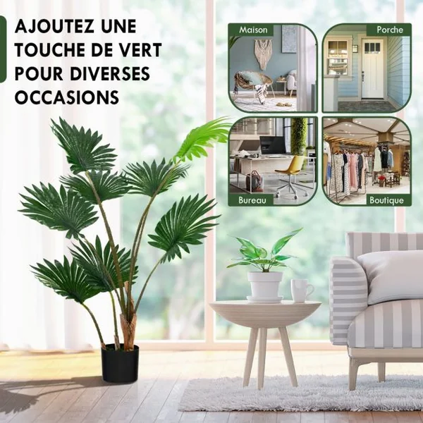 Palmier Artificiel 120cm Plante Artificielle avec 8 Feuilles Pot en Ciment Troncs en PE pour Bureau Maison Magasin