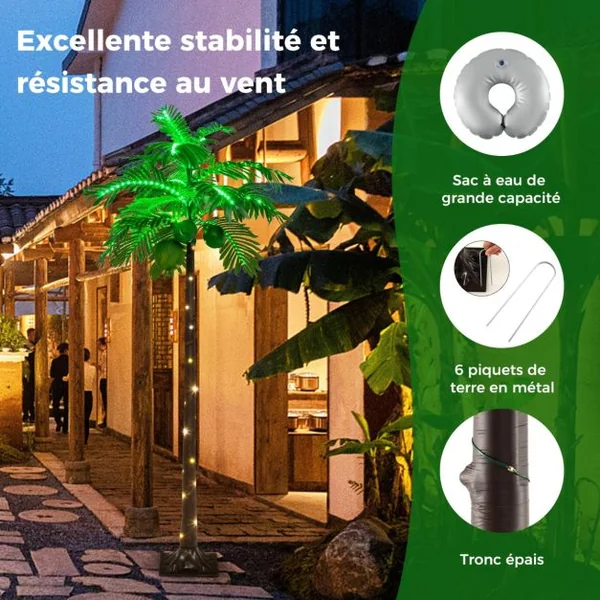 Palmier Artificiel Éclairé par LED de 180 cm Palmier Tropical de Style Hawaïen avec 309 Lumières LED pour Intérieur et Extérieur Plage Fête Vacances