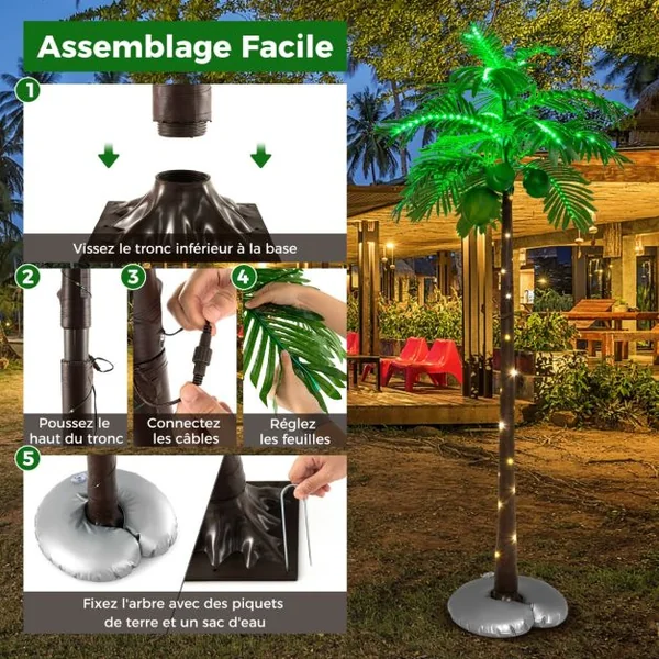 Palmier Artificiel Éclairé par LED de 180 cm Palmier Tropical de Style Hawaïen avec 309 Lumières LED pour Intérieur et Extérieur Plage Fête Vacances