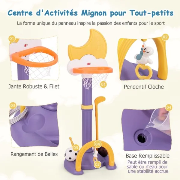 Panier de Basket 4-en-1 avec Effets Sonores des Nuts Aire de Jeu Réglable en Hauteur avec Basketball Football Golf pour 3+ Ans Bleu/Jaune