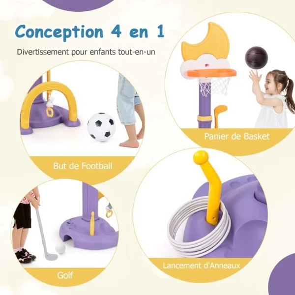 Panier de Basket 4-en-1 avec Effets Sonores des Nuts Aire de Jeu Réglable en Hauteur avec Basketball Football Golf pour 3+ Ans Bleu/Jaune