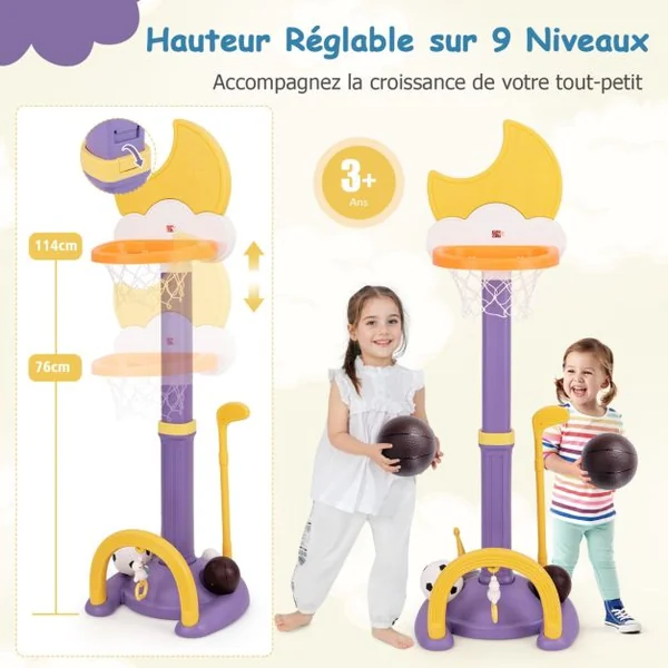 Panier de Basket 4-en-1 avec Effets Sonores des Nuts Aire de Jeu Réglable en Hauteur avec Basketball Football Golf pour 3+ Ans Bleu/Jaune