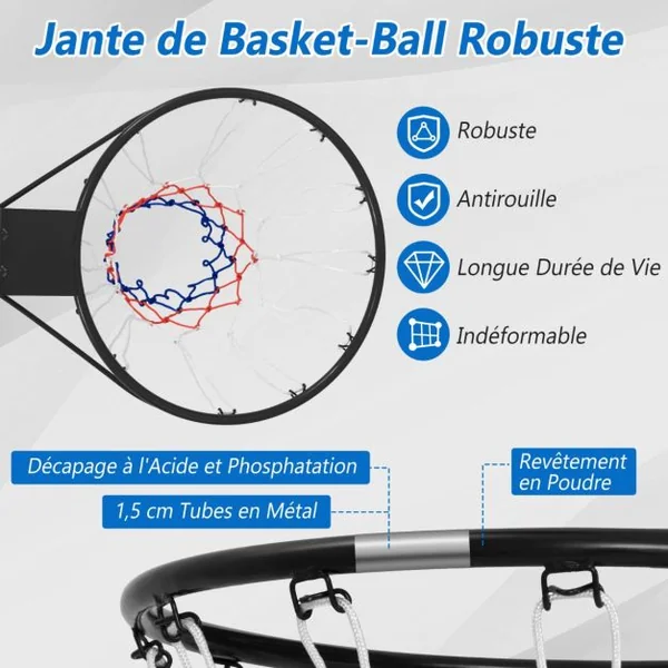 Panier de Basket Anneau Suspendu avec Filet Toutes Saisons Jante de Basket-ball Murale Remplacement Universelle Ø38,5 CM Noir