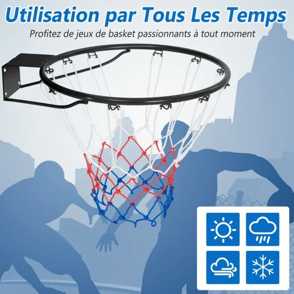 Panier de Basket Anneau Suspendu avec Filet Toutes Saisons Jante de Basket-ball Murale Remplacement Universelle Ø38,5 CM Noir