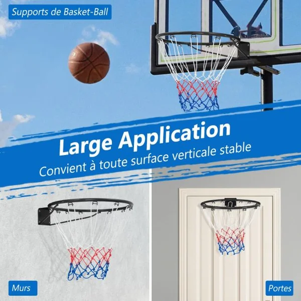 Panier de Basket Anneau Suspendu avec Filet Toutes Saisons Jante de Basket-ball Murale Remplacement Universelle Ø38,5 CM Noir