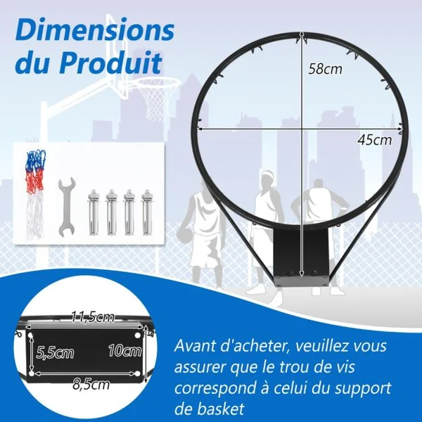 Panier de Basket Anneau Suspendu avec Filet Toutes Saisons Jante de Basket-ball Murale Remplacement Universelle Ø45 CM Noir/Rouge