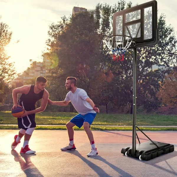 Panier de Basket Extérieur avec Hauteur Réglable 130-305 cm Support de Basket sur Pied avec Panneau en HDPE et Filet Base Remplissable & 2 Roues