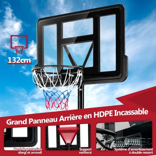 Panier de Basket Extérieur avec Hauteur Réglable 130-305 cm Support de Basket sur Pied avec Panneau en HDPE et Filet Base Remplissable & 2 Roues