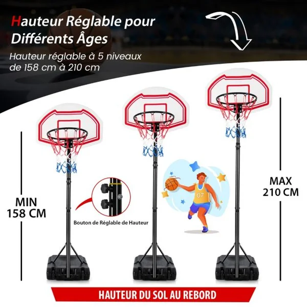 Panier de Basket Extérieur avec Hauteur Réglable 160-210 cm Support de Basket sur Pied avec Panneau en PE & Filet en Nylon Base Remplissable & 2 Roues