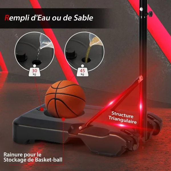 Panier de Basket Extérieur avec Hauteur Réglable 160-210 cm Support de Basket sur Pied avec Panneau en PE & Filet en Nylon Base Remplissable & 2 Roues