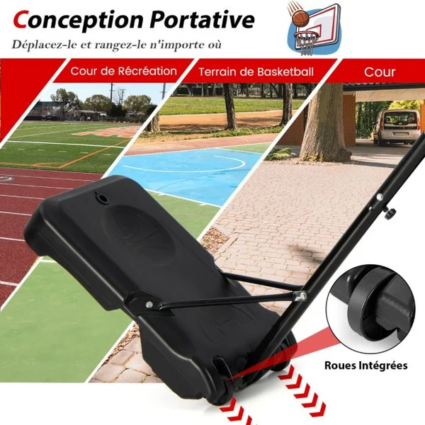 Panier de Basket Extérieur avec Hauteur Réglable 160-210 cm Support de Basket sur Pied avec Panneau en PE & Filet en Nylon Base Remplissable & 2 Roues