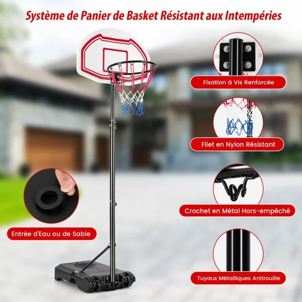 Panier de Basket Extérieur avec Hauteur Réglable 160-210 cm Support de Basket sur Pied avec Panneau en PE & Filet en Nylon Base Remplissable & 2 Roues