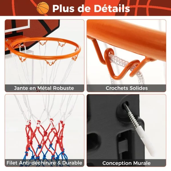 Panier de Basket Mural 32,5 cm avec Panneau Incassable Panier Basket-ball avec Filet Anti-déchirure Accessoires Complets 66,5 x 44,5 cm
