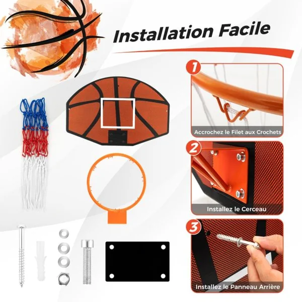 Panier de Basket Mural 32,5 cm avec Panneau Incassable Panier Basket-ball avec Filet Anti-déchirure Accessoires Complets 66,5 x 44,5 cm