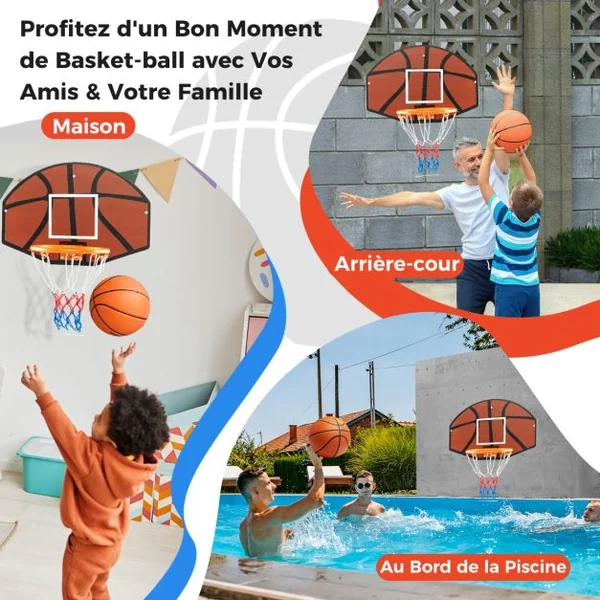 Panier de Basket Mural 32,5 cm avec Panneau Incassable Panier Basket-ball avec Filet Anti-déchirure Accessoires Complets 66,5 x 44,5 cm