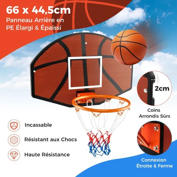 Panier de Basket Mural 32,5 cm avec Panneau Incassable Panier Basket-ball avec Filet Anti-déchirure Accessoires Complets 66,5 x 44,5 cm