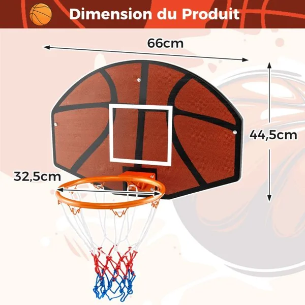 Panier de Basket Mural 32,5 cm avec Panneau Incassable Panier Basket-ball avec Filet Anti-déchirure Accessoires Complets 66,5 x 44,5 cm
