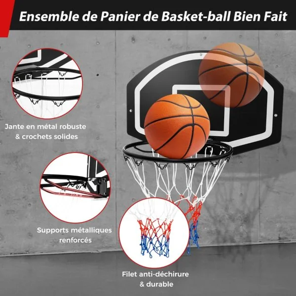 Panier de Basket Mural 43 cm avec Panneau Incassable Panier Basket-ball avec Filet Toutes Saisons Accessoires Complets 72 x 45,5 cm