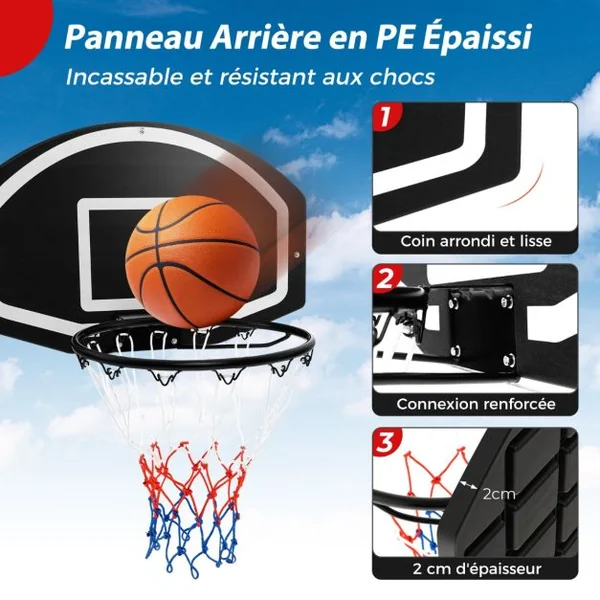 Panier de Basket Mural 43 cm avec Panneau Incassable Panier Basket-ball avec Filet Toutes Saisons Accessoires Complets 72 x 45,5 cm