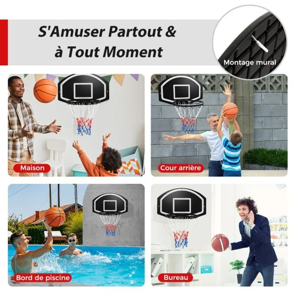 Panier de Basket Mural 43 cm avec Panneau Incassable Panier Basket-ball avec Filet Toutes Saisons Accessoires Complets 72 x 45,5 cm