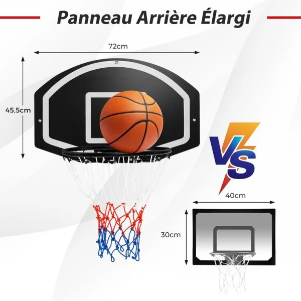 Panier de Basket Mural 43 cm avec Panneau Incassable Panier Basket-ball avec Filet Toutes Saisons Accessoires Complets 72 x 45,5 cm