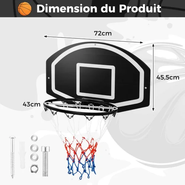 Panier de Basket Mural 43 cm avec Panneau Incassable Panier Basket-ball avec Filet Toutes Saisons Accessoires Complets 72 x 45,5 cm