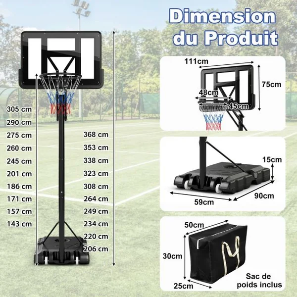 Panier de Basket portable sur Pied avec Roulettes Réglable 245-305 cm Anneau Arrière 111 cm Base Remplissable Sac Sécurisé