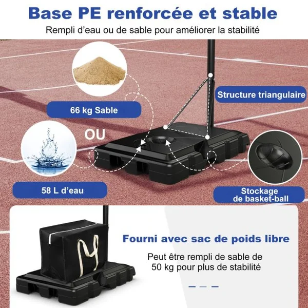Panier de Basket portable sur Pied avec Roulettes Réglable 245-305 cm Anneau Arrière 111 cm Base Remplissable Sac Sécurisé