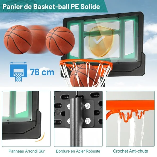 Panier de Basket pour Enfants Jouet de But de Basket Résistant aux Intempéries avec Hauteur Réglable de 132 à 250 CM Rouge/Vert/Bleu