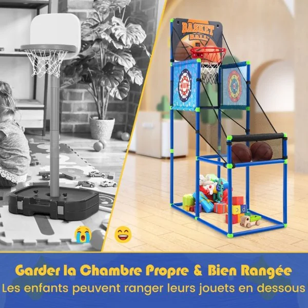 Panier de Basketball 2 en 1 avec 2 Cibles en Tissu à Balles Adhésive Jeu d'Arcade Système de Pointage et Effet Sonore 2 Ballons de Basket pour 3 ans+