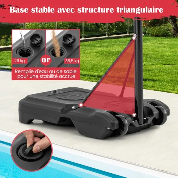 Panier de Basket-Ball de Piscine Support de Basket-Ball Réglable en Hauteur Panier de Basket-ball Mobile Rouge