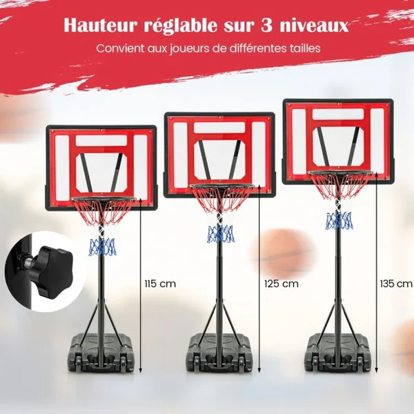 Panier de Basket-Ball de Piscine Support de Basket-Ball Réglable en Hauteur Panier de Basket-ball Mobile Rouge