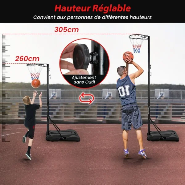 Panier de Basket-Ball Hauteur 260-305cm Support de Basketball Mobile avec Base Rechargeable 2 Roues Jante Résistants aux Intempéries