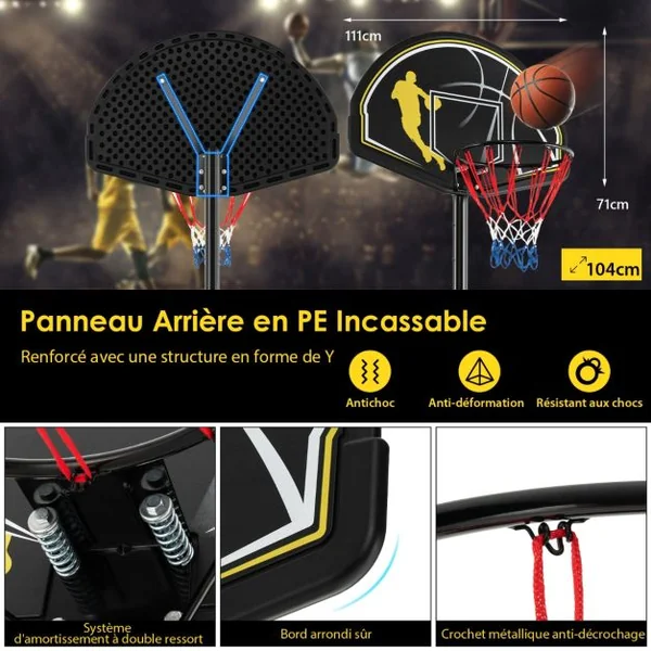 Panier de Basket-ball Portable Réglable de 130 à 305 Cm Roues et Base Rechargeable Résistant Aux Intempéries pour Intérieur et en Extérieur Noir