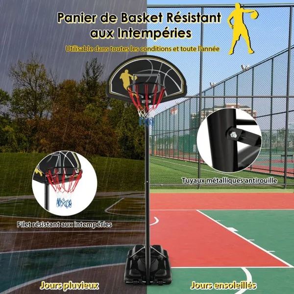 Panier de Basket-ball Portable Réglable de 130 à 305 Cm Roues et Base Rechargeable Résistant Aux Intempéries pour Intérieur et en Extérieur Noir
