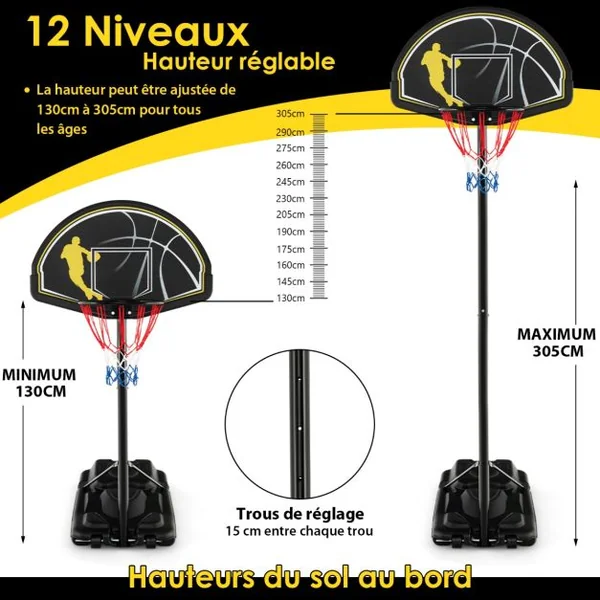 Panier de Basket-ball Portable Réglable de 130 à 305 Cm Roues et Base Rechargeable Résistant Aux Intempéries pour Intérieur et en Extérieur Noir
