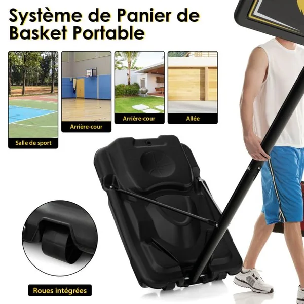 Panier de Basket-ball Portable Réglable de 130 à 305 Cm Roues et Base Rechargeable Résistant Aux Intempéries pour Intérieur et en Extérieur Noir