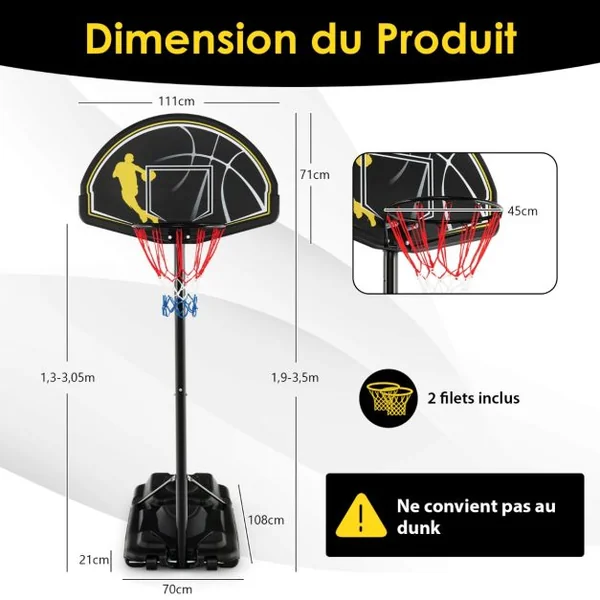 Panier de Basket-ball Portable Réglable de 130 à 305 Cm Roues et Base Rechargeable Résistant Aux Intempéries pour Intérieur et en Extérieur Noir