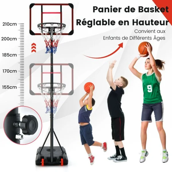 Panier de Basket-ball Réglable en Hauteur de 193 à 248 Cm Panier de Basket-ball en PC avec Roues Rangement pour Ballon