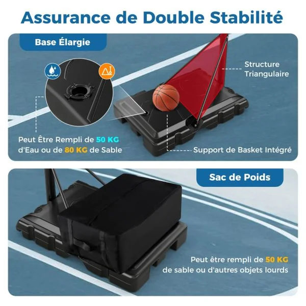 Panier de Basket-Ball sur Pied avec Hauteur Réglable à 10 Niveaux 149-305 CM Basketball avec Base Remplissable Sac de Poids Panneau Arrière