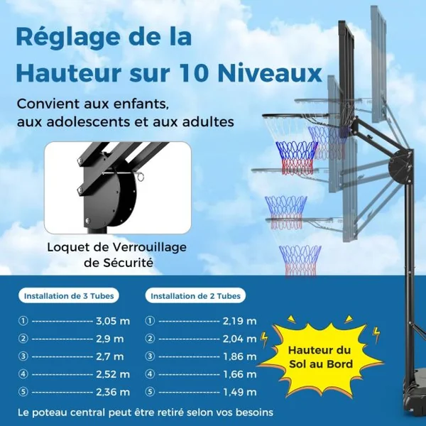Panier de Basket-Ball sur Pied avec Hauteur Réglable à 10 Niveaux 149-305 CM Basketball avec Base Remplissable Sac de Poids Panneau Arrière