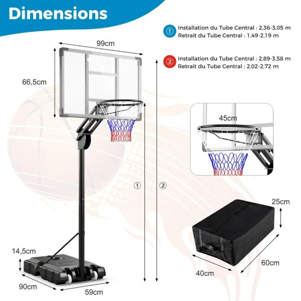 Panier de Basket-Ball sur Pied avec Hauteur Réglable à 10 Niveaux 149-305 CM Basketball avec Base Remplissable Sac de Poids Panneau Arrière