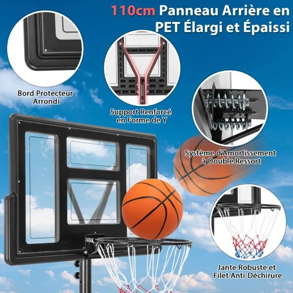 Panier de Basket-Ball sur Pied avec Hauteur Réglable à 11 Niveaux 135-305 CM Ensemble de Basketball avec Base Rechargeable