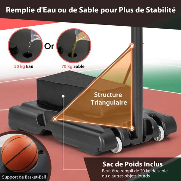 Panier de Basket-Ball sur Pied avec Hauteur Réglable à 11 Niveaux 135-305 CM Ensemble de Basketball avec Base Rechargeable